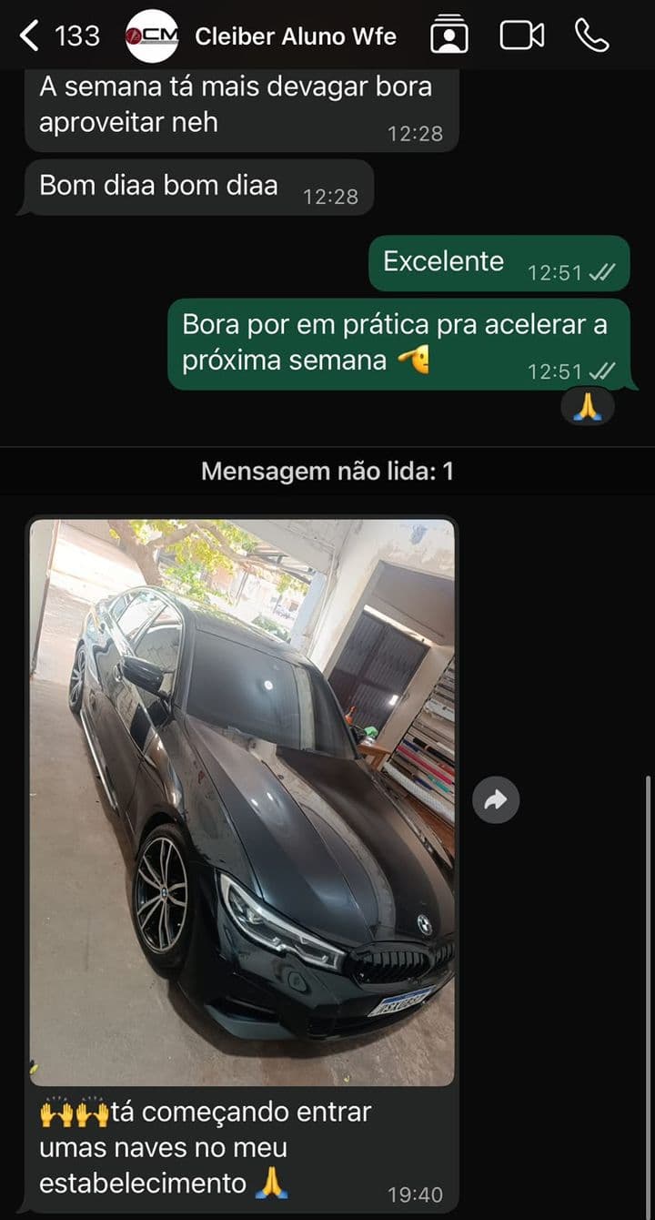 Print do depoimento de Cleiber · aluno WFE: Tá começando a entrar umas naves no meu estabelecimento.