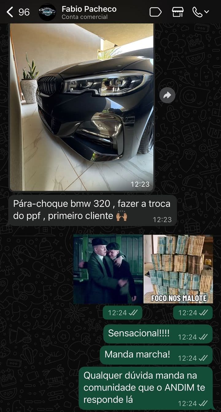 Print do depoimento de Fabio Pacheco: Para-choque BMW 320, fazer a troca do PPF. Primeiro cliente!